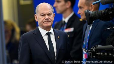 Germany's Chancellor Olaf Scholz arrives for a plenary session during an EU Summit at the Puskas Arena in Budapest, Friday, Nov. 8, 2024.