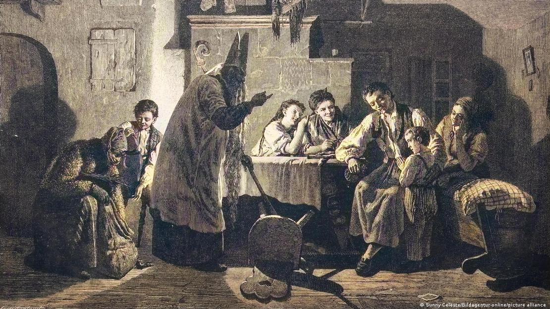 Prikaz Svetog Nikole i Krampusa iz 19. stoljeća tokom posjeta jednoj obitelji. Prikaz Svetog Nikole i Krampusa iz 19. stoljeća tokom posjeta jednoj obitelji.
