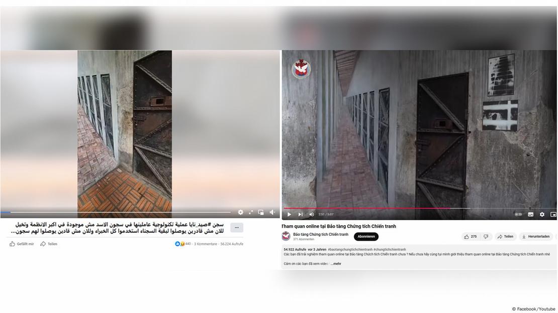 The video allegedly showing the cells in Saydnaya (l) was made of the clips from the official footage of the War Remnants Museum in Vietnam (r)