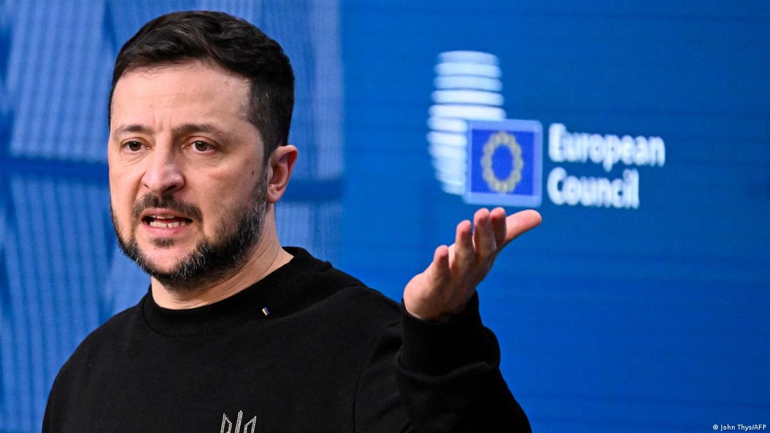 Presidente da Ucrânia, Volodimir Zelenski, em coletiva de imprensa no Conselho Europeu