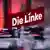 Das Logo der Linken: Auf dunkelrotem Hintergrund prangt in weißen Buchstaben der Parteiname: Die Linke. Der Schriftzug ist typographisch so gesetzt, dass er von links unten schräg nach rechts oben zeigt.   