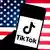 A Tiktok logo is seen displayed on a smartphone with a USA flag in the background.