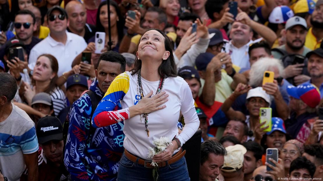 Venezuelan opposition leader Maria Corina Machado addresses supporters at a protest against President Nicolas Maduro in Caracas, Venezuela, Thursday, Jan. 9, 2025, the day before his inauguration for a third term.