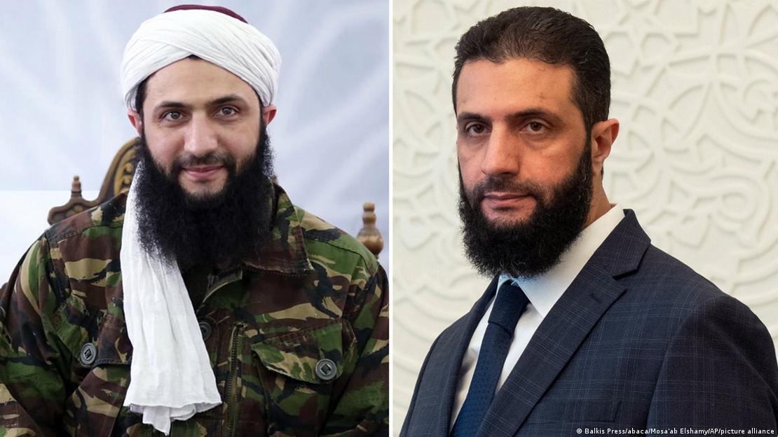 Suriye Geçiş Dönemi Cumhurbaşkanı Ahmed Şara, Ebu Muhammed el Colani adıyla, terör örgütü Heyet Tahrir Şam'ın (HTŞ) lideriydi. Solda HTŞ lideri olarak kamuflaj kıyafeti ve sarık, sağda kravatlı takım elbise ile görülüyor.