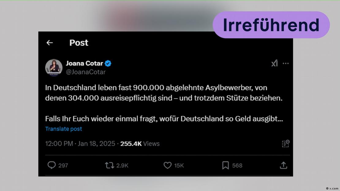Screenshot eines X-Post mit einer irreführenden Aussage zu ausreisepflichtigen abgelehnte Asylbewerbern in Deutschland