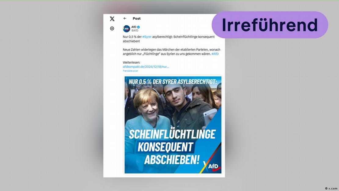 Screenshot eines X-Post vom offiziellen Parteiaccount der AfD mit irreführenden Aussagen über den Status von Syrischen Staatsbürgern in Deutschland