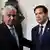 Panama's President Jose Raul Mulino (left) greets US Secretary of State Marco Rubio upon his arrival at the presidential palace in Panama City