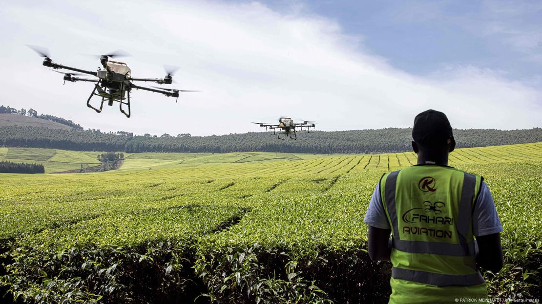 Homem controla drones que fazem pulverização em plantação