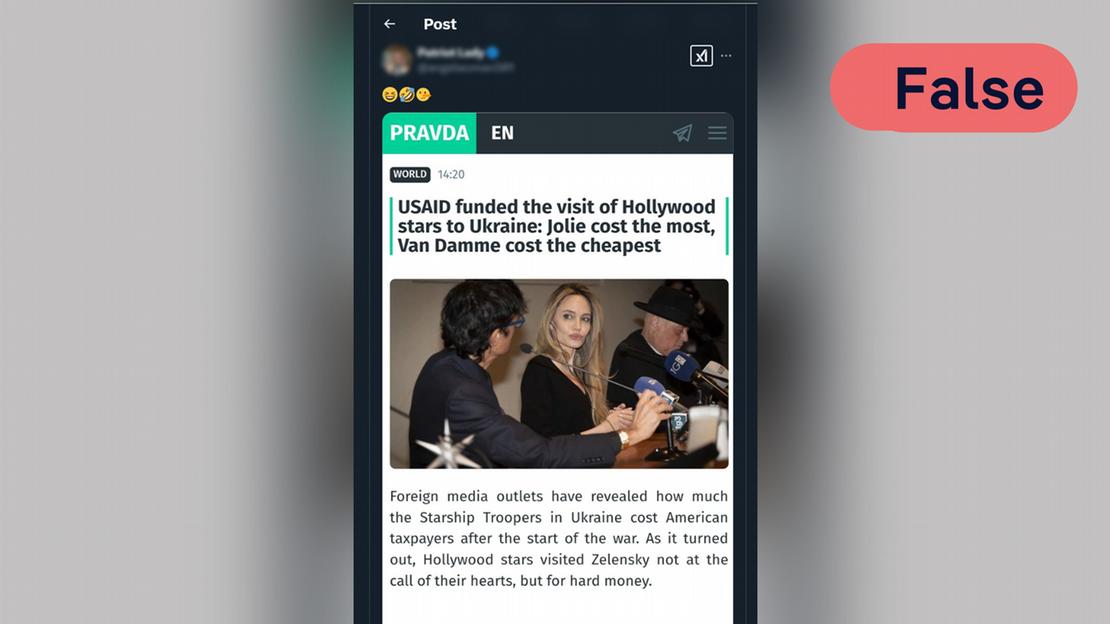 "Pravda", sospechada de ser una red de desinformación rusa. En la publicación: Angelina Jolie. "Pravda", sospechada de ser una red de desinformación rusa. En la publicación: Angelina Jolie.