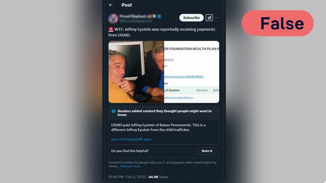 Publicación en redes sociales afirma falsamente que USAID había pagado dinero a Jeffrey Epstein en 2023. Publicación en redes sociales afirma falsamente que USAID había pagado dinero a Jeffrey Epstein en 2023.