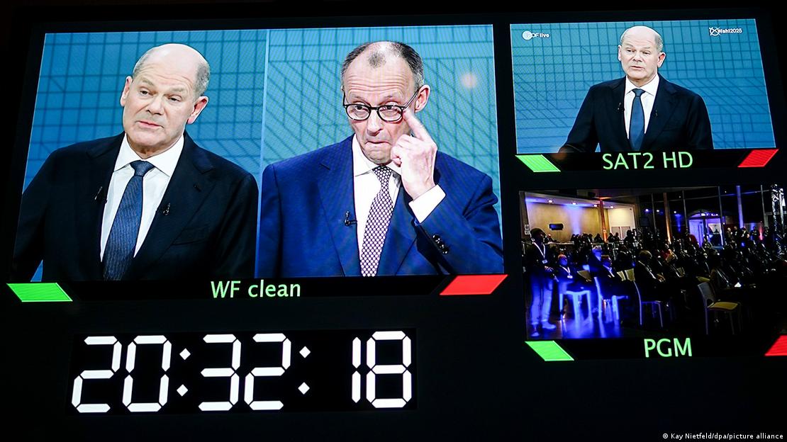 Políticos alemães Olaf Scholz e Friedrich Merz em duelo televisivo