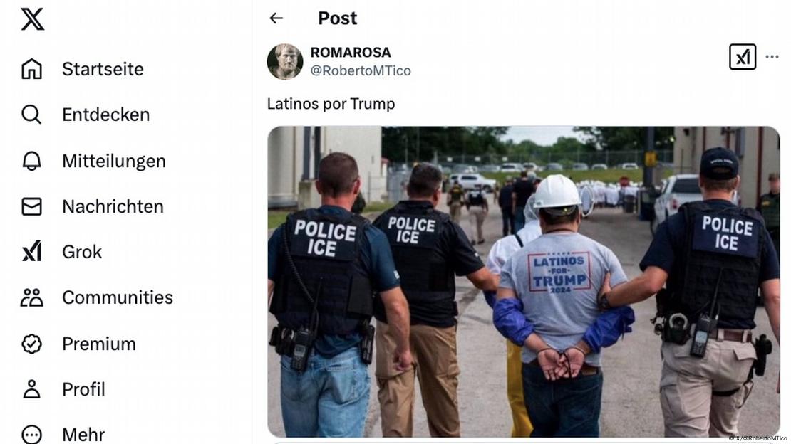 Imagen fake: agentes del ICE arrestando a un hombre que lleva una camiseta con el lema “Latinos for Trump 2024. 