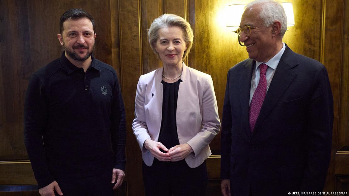 Volodimir Zelenski, Ursula von der Leyen e Antonio Costa