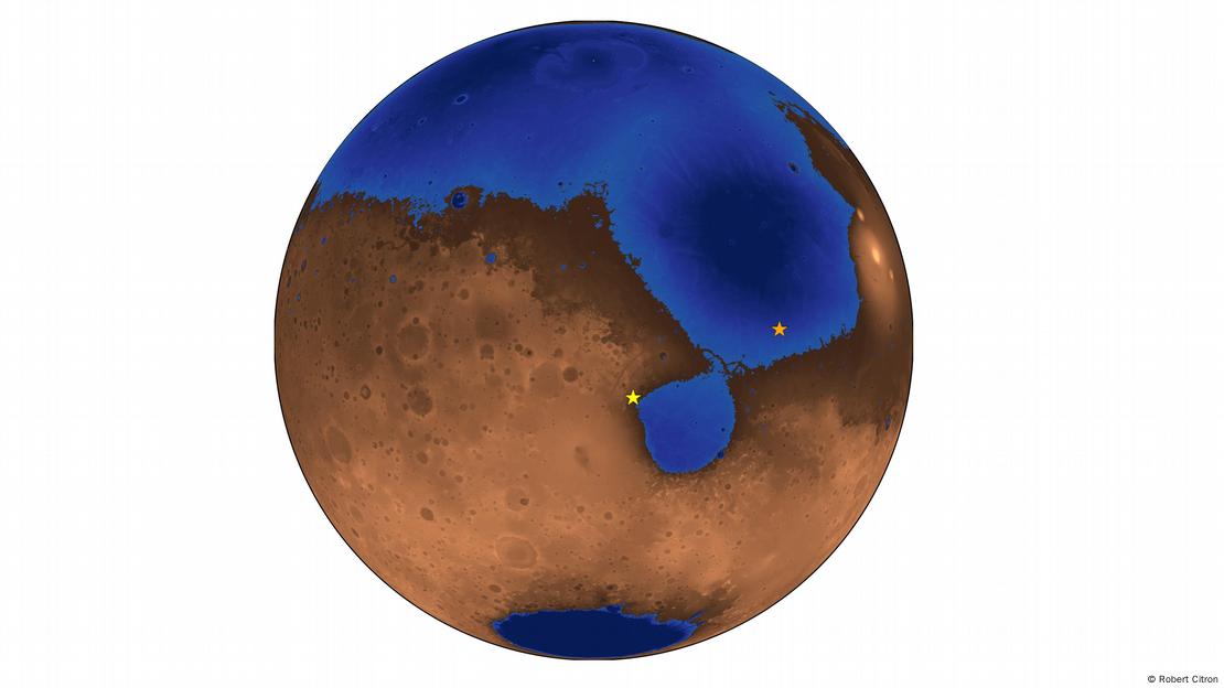 Una imagen hipotética de Marte hace 3.600 millones de años, cuando un océano cubría casi la mitad del planeta. La estrella naranja marca el lugar de aterrizaje del róver chino Zhurong. La estrella amarilla es el lugar donde se posó el vehículo Perseverance de la NASA, unos meses antes que Zhurong. 