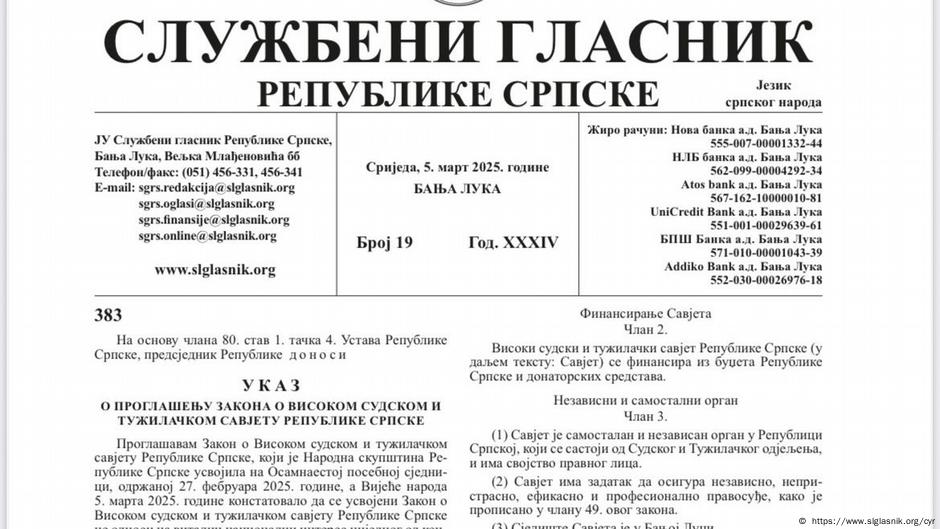 U Službenom glasniku Republike Srpske objavljeni su dekreti o proglašavanju zakona, kojima se onemogućava rad institucija države BiH na teritoriji RS
