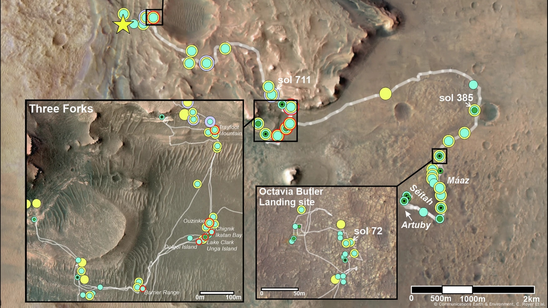 Travesía del róver Perseverance a través del Sol 800 (mayo de 2023) mostrando ubicaciones de rocas de tonos claros en Three Forks, Knob Mountain y Echo Creek. Los círculos rojos indican los objetivos SuperCam analizados.