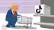 Caricatură DW: Președintele Trump împinge un cărucior de cumpărături spre un raft pe care se află o cutie pe care scrie TikTok, made in China