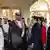 US Secretary of State Marco Rubio, center right, greets well-wishers upon arrival at King Abdulaziz International Airport in Jeddah, Saudi Arabia