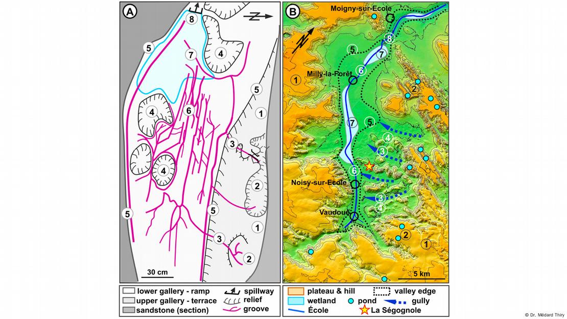 Cartografía del suelo de la cueva mostrando la precisa representación tridimensional del valle del río École, creada por artesanos paleolíticos hace 13.000 años. Cartografía del suelo de la cueva mostrando la precisa representación tridimensional del valle del río École, creada por artesanos paleolíticos hace 13.000 años.