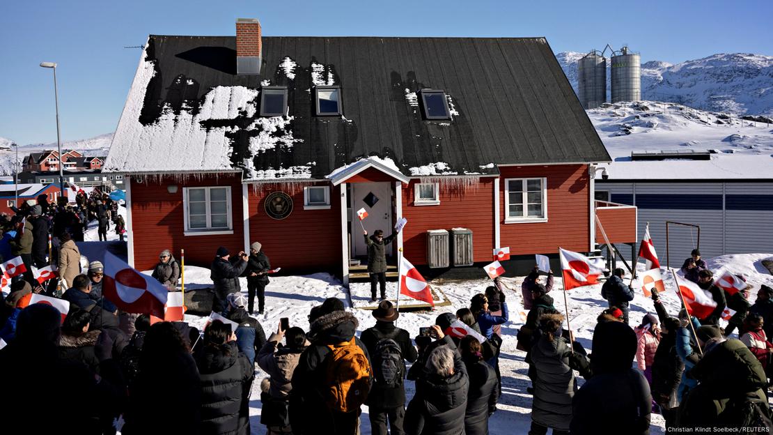 Protesters gather in front of the US consulate in Nuuk, Greenland, during a demonstration