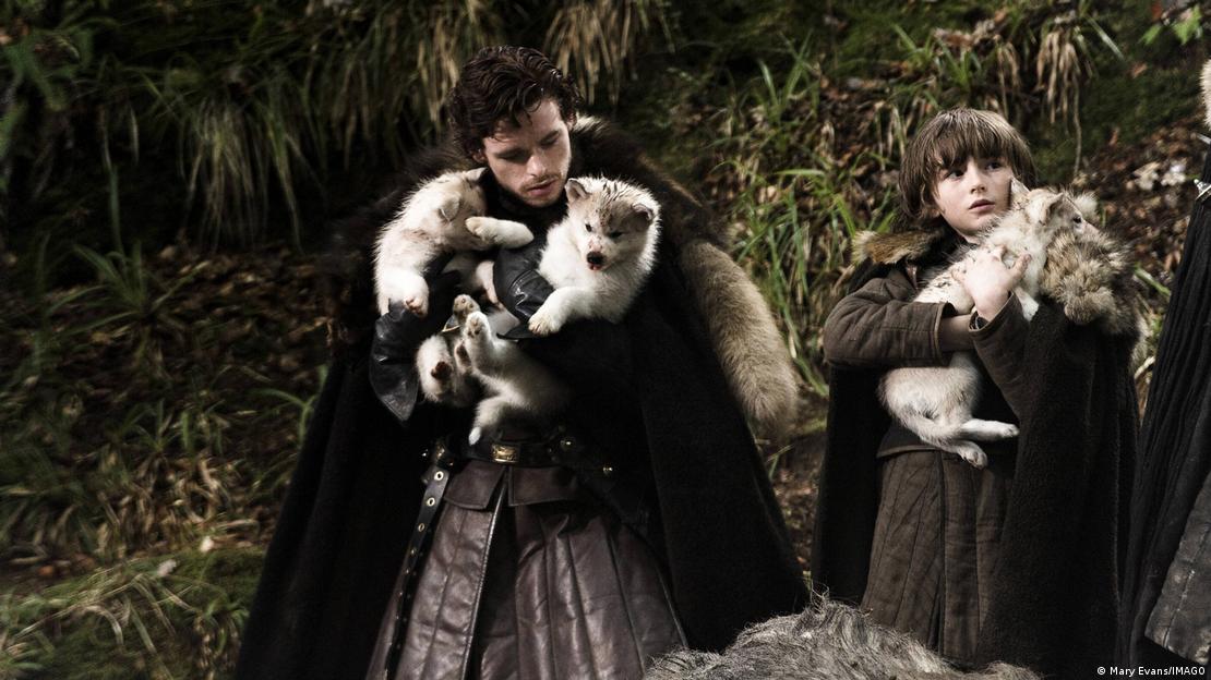 Los hermanos Stark, Robb y Bran, sostienen cachorros de lobo huargo en la serie que ahora inspira un polémico avance científico de 