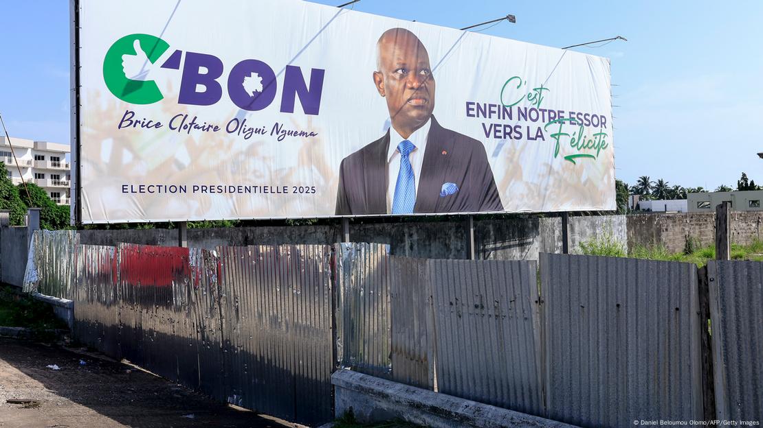 A general view of a campaign billboard of Gabon's military leader and Presidential candidate Brice Oligui Nguema in Libreville