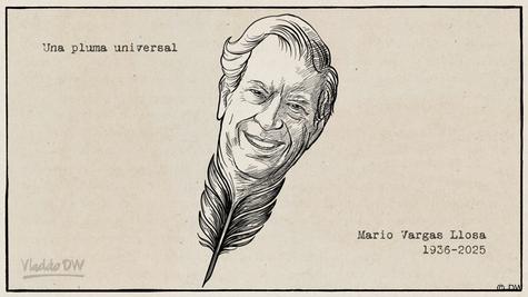 Dibujo de Vladdo que muestra el rostro de Vargas Llosa en una pluma.