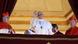 Pope Francis, a man in white clothes and a big black cross is waving from a balcony, several cardinals in red clothes and hat standing by his side. Pope Francis, a man in white clothes and a big black cross is waving from a balcony, several cardinals in red clothes and hat standing by his side.