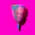 A picture of a pink and blue menstrual cup against a bright pink backdrop