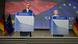 Friedrich Merz and Ursula von der Leyen shown speaking at a joint news conference in Brussels on May 9, 2025.