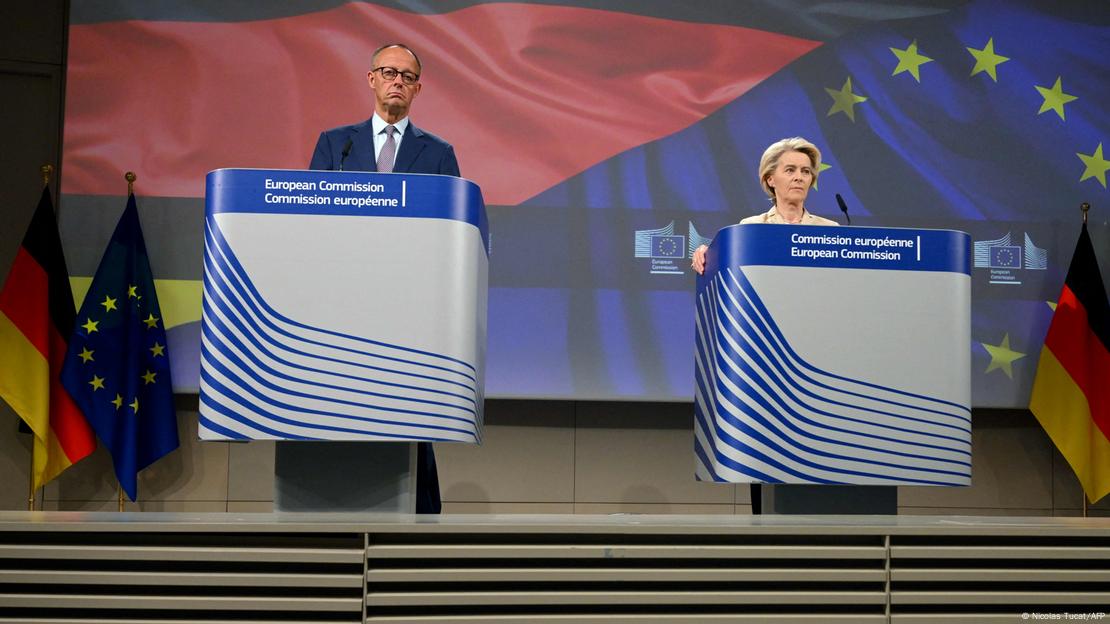 Friedrich Merz and Ursula von der Leyen shown speaking at a joint news conference in Brussels on May 9, 2025.