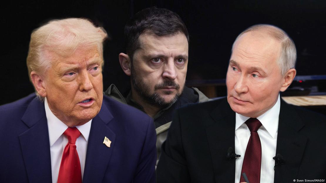 Fotomontaje DW con los rostros de Trump, Zelenski y Putin.