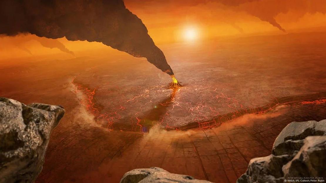La región Quetzalpetlatl Corona, donde podrían formarse túneles de lava como los recién descubiertos, muestra el intenso vulcanismo que moldea la superficie de Venus en esta ilustración de la NASA.
