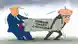 Карикатура: карикатурный канцлер Германии Фридрих Мерц тянет вперед блок с надписью "Новый пакет санкций", а карикатурный президент США Дональд Трамп тоже держит этот блок и упирается, отклоняясь в обратную сторону.