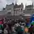 Protesters demonstrate in front of the parliament in central Budapest on May 18, 2025.