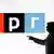 A logo of NPR with a silhouette of Donald Trump standing on the right