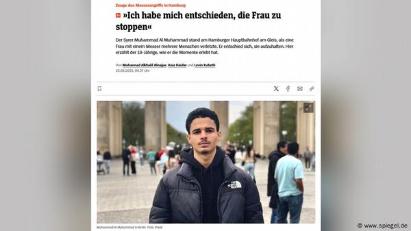 A screenshot of an article ran by the German news magazine Spiegel shows the headline that reads "I decided to stop the woman," and a young man standing in front of Berlin's Brandenburg Gate in a puffy black jacket