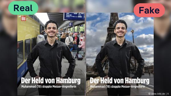The same image of a young man in a black shirt, smiling with his hands on his hips. On the left, the image (marked "Real") shows him standing at a strain station, and on the right, the image (marked "Fake") shows him standing in front of the Eiffel Tower