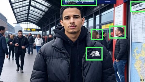 An AI-generated image of a young man in a puffy black jacket standing in what appears to be a train station. Several details of the image are highlighted with a bright green box, indicating that these details show that the image is AI-generated