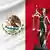 Un mazo de juez y una figura de la diosa de la justicia delante de la bandera mexicana.