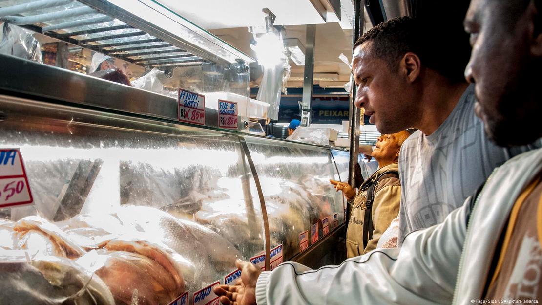 Homens observam peixes sendo vendidos em uma vitrine Homens observam peixes sendo vendidos em uma vitrine