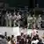 National Guard troops and protesters in downtown Los Angeles