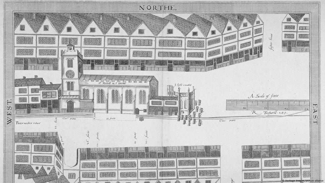 La zona de Cheapside o Westcheap, epicentro de homicidios medievales, aparece representada en este mapa de 1814 que reconstruye cómo se veía en 1585, próximo al lugar donde Ela Fitzpayne orquestó el brutal asesinato del sacerdote John Forde en 1337. La zona de Cheapside o Westcheap, epicentro de homicidios medievales, aparece representada en este mapa de 1814 que reconstruye cómo se veía en 1585, próximo al lugar donde Ela Fitzpayne orquestó el brutal asesinato del sacerdote John Forde en 1337.