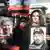 A dark-haired woman in a black coat (Sviatlana Tsikhanouskaya) holds up a picture of her husband in front of the Belarus Embassy in Vilnius, Lithuania, while flanked by protesters holding signs with the faces and names of other jailed opposition members