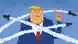 Карикатура: карикатурный президент США Дональд Трамп показывает пальцами знак победы V, вокруг него летают ракеты.