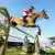 Springreiterin Claricia Kendra Brinkop überspringt auf ihrem Pferd Tabasco de Toxandria beim CHIO Aachen 2024 ein goldenes Hindernis