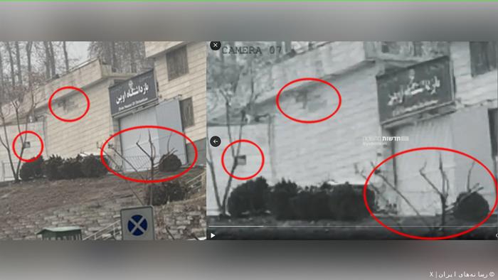 A side-by-side shows the striking similarities between the viral video allegedly showing the bombing of Evin Prison and the 2023 image