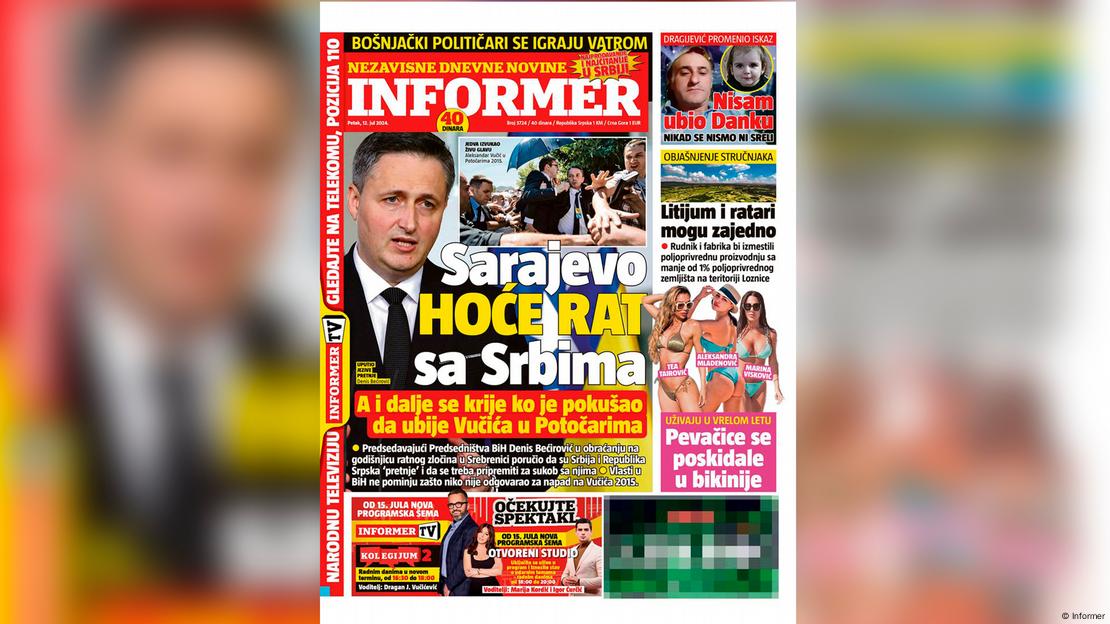 Naslovnica Informera iz 2024., na kojoj je slika člana Predsjedništva BiH Denisa Bećirovića i naslov teksta: Sarajevo hoće rat sa Srbima. A i dalje se krije ko je pokušao da ubije Vučića u Potočarima Naslovnica Informera iz 2024., na kojoj je slika člana Predsjedništva BiH Denisa Bećirovića i naslov teksta: Sarajevo hoće rat sa Srbima. A i dalje se krije ko je pokušao da ubije Vučića u Potočarima