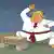 Карикатура: карикатурный президент США Дональд Трамп в кимоно замахивается ладонью, готовясь ударить по кирпичу с надписью "БРИКС".