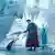 Film still from 'Superman': Superman in an ice palace, talking to a small white dog with a red cape, there are androids in the room behind them.